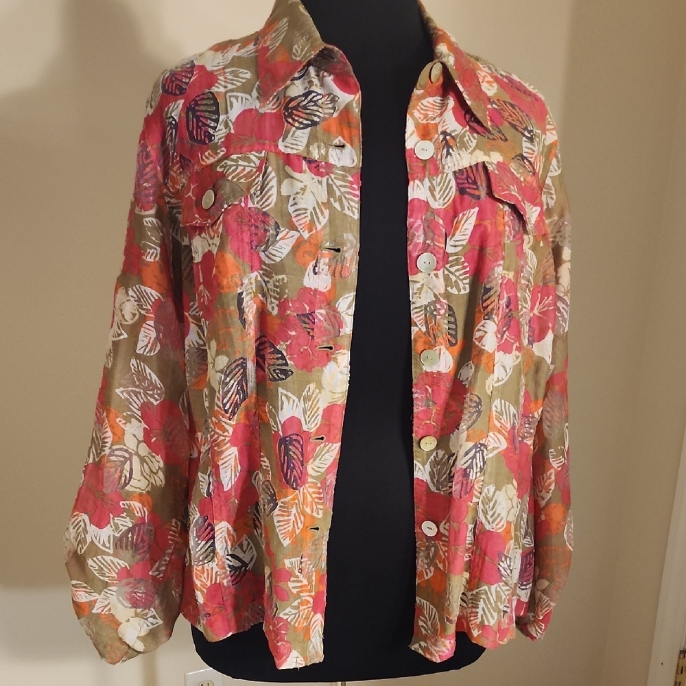 Ruby Rd. Leaf Print Button-Down Shirt - Pink, Bro… - image 7